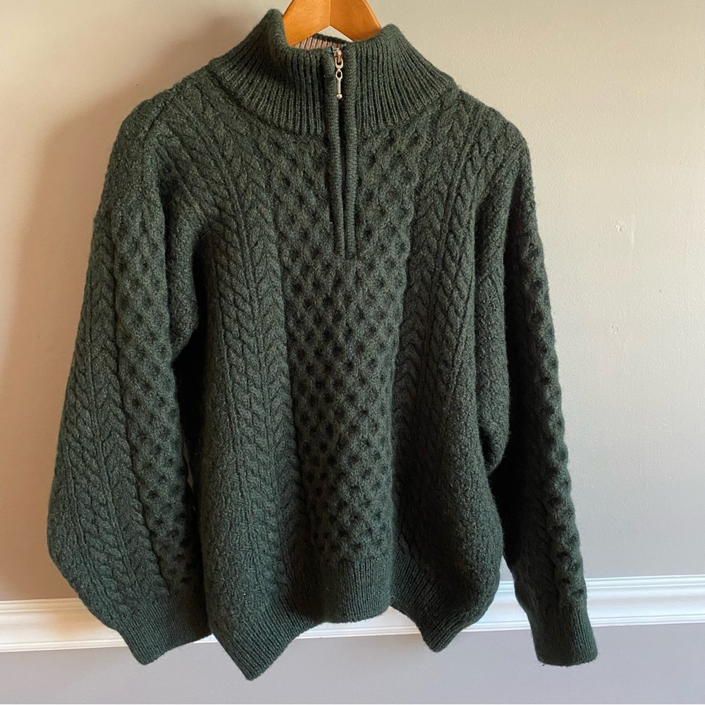 Blarney Woollen Mills Ireland 100% Merino Wool Aran Green Half Zip Size L - Picture 7 of 11